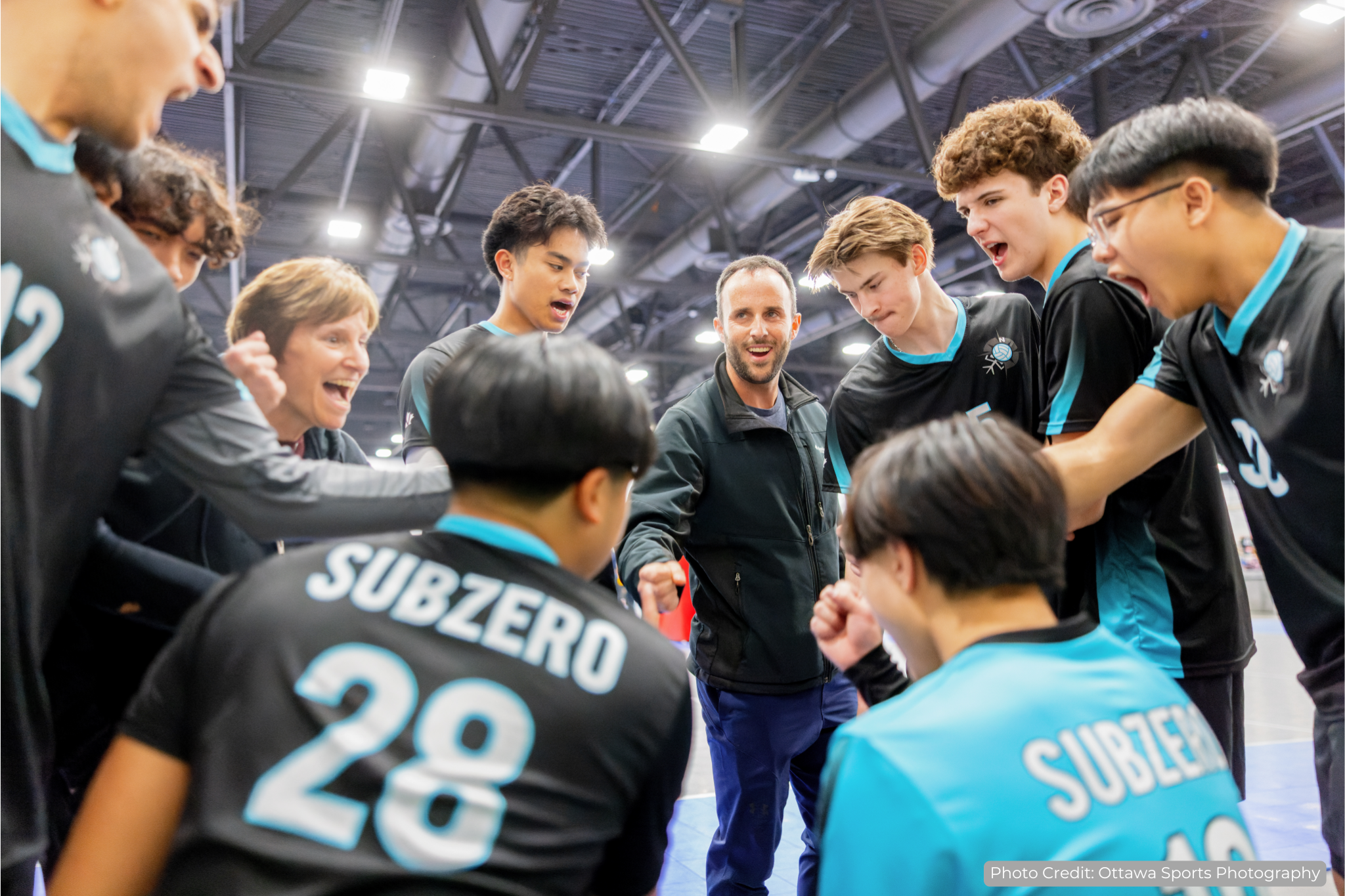 Volleyball Coach surrounded by players